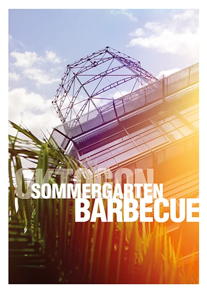 Titelseite der Sommergarten-Barbecue-Broschüre des OKTOGON auf Zollverein in Essen mit Industriekulisse und sommerlicher Gestaltung